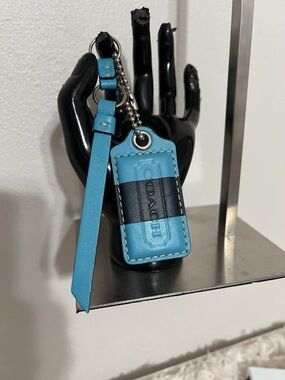 Coach Blue Leather Key & Strap Tag with Navy Stripe